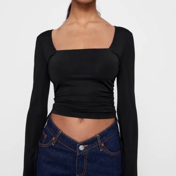 Zara Black Square Neck Ruched Gathered Sides Long Sleeve Crop Top SZ S N… - Picture 2 of 11
